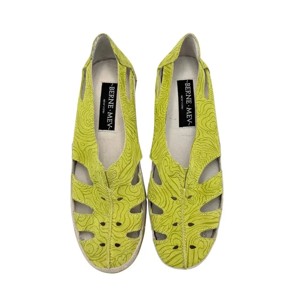 Berne Mev Austin Lime Green Embossed Suede Leather Slip On Flat Comfort Shoes